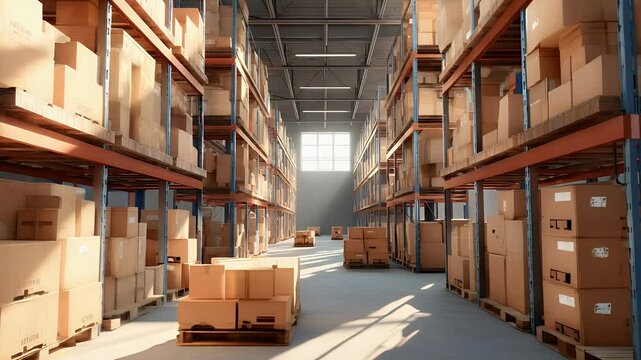 Rows of boxes stack on shelves in warehouse. Neutral palette, clean layout and sunny window glow add simple charm