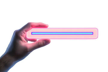 hand holding pink neon light bar, isolated on black