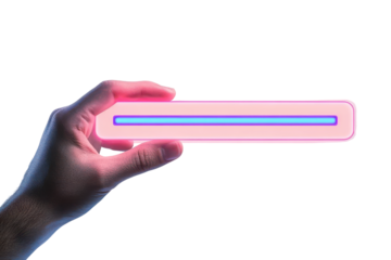 hand holding pink neon light bar, isolated on black