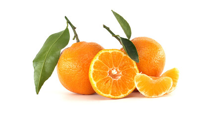 Fresh Mandarin Oranges with Green Leaves on a White Background