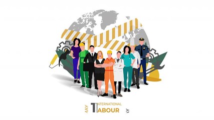 International Labour day. Group of Workers from different occupation standing on globe with hammer, safety helmet background.1st May. Labor day Video. 4K Video animation.