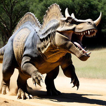 A Torosaurus roaring to challenge an intruder