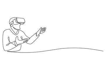 Continuous one line drawing of Young Man use VR glasses. Single line drawing illustration of Man with VR headset. Technology concept vector art. Doodle line illustration.