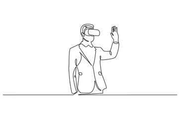 Continuous one line drawing of Young Man use VR glasses. Single line drawing illustration of Man with VR headset. Technology concept vector art. Doodle line illustration.
