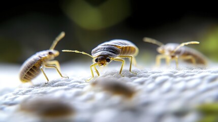 Naklejka premium Close-up View of Three Bed Bugs Exhibiting Segmented Bodies Antennae on Textured White Surface with Blurred Nymphs in the Foreground Image