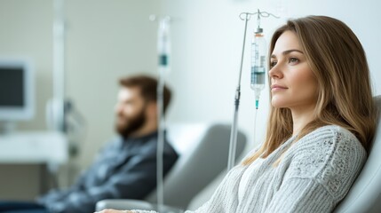 Young woman with long brown hair receiving intravenous treatment in medical chair with a blurred man undergoing a similar procedure in background