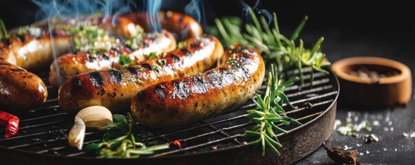 Grilled sausages with culinary herbs and spices on cast iron grill for delicious barbecue feast