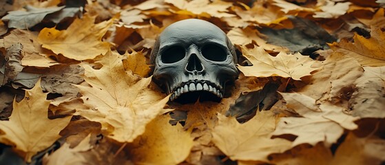 Skull Among Autumn Leaves