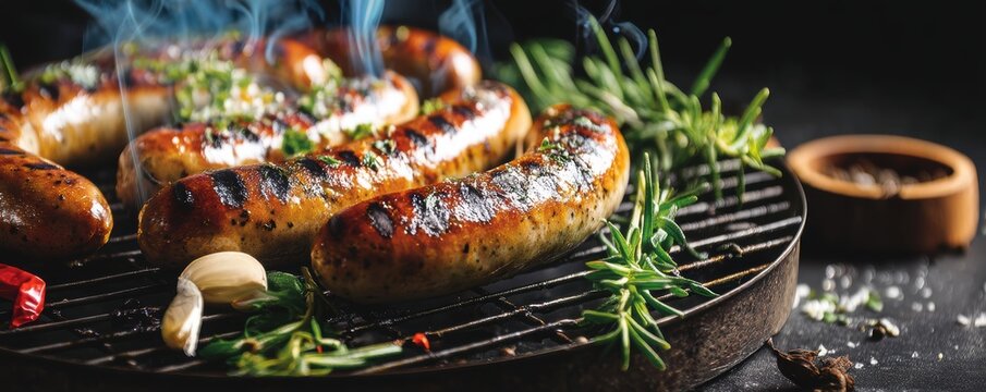Grilled sausages with culinary herbs and spices on cast iron grill for delicious barbecue feast