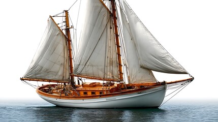 Obraz premium Sailing vessel gliding through water with sails catching the wind, against white