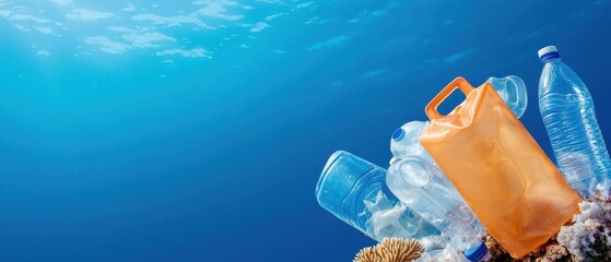 Underwater scene showing various plastic bottles and containers, highlighting pollution and its impact on marine environments.
