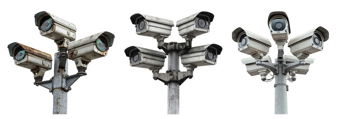 security camera poles, surveillance systems on white background.