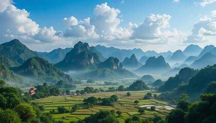 Viewing Green Valley with Rice Fields and Mountains Under Cloudy Sky