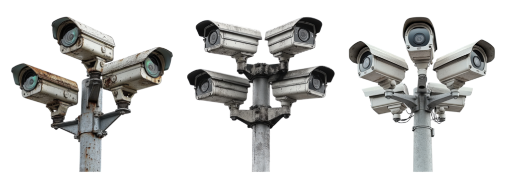 security camera poles, surveillance systems on white background.