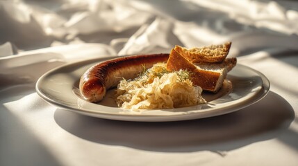 Sausage sauerkraut and bread slices served on white plate in soft morning light delectable dish