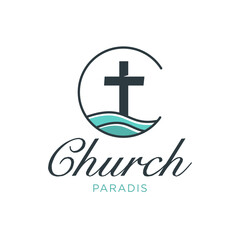 Cross with Ocean Waves for Religious Logo Design Vector Illustration