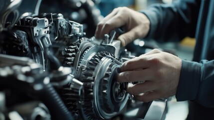 Factory worker performing maintenance on machinery. Featuring technical skill and focus