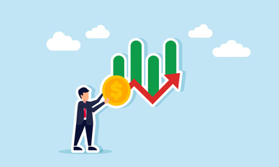 Businessman carries a dollar coin displaying a fluctuating graph, illustration of increasing business profit and revenue