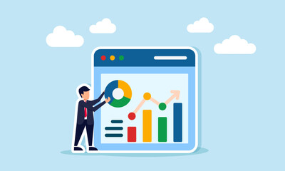 Businessman carries a circle chart next to an app interface displaying a complex graph, illustration of completing business report digitally and online