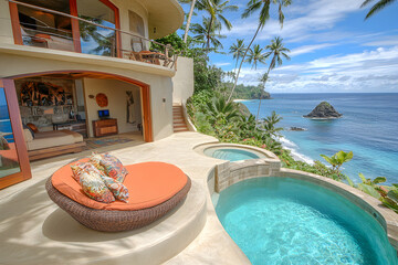 Obraz premium Luxurious beachfront villa with infinity pool and breathtaking ocean views. Perfect for travel, vacation, and luxury lifestyle imagery.