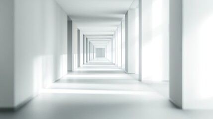 Fototapeta premium A quiet, blurred hospital corridor with white walls and light gray floors, evoking a calm, sterile, and professional atmosphere.