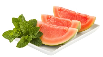 Three juicy watermelon slices arranged on a white plate, garnished with fresh mint leaves.  Perfect for summer refreshment and healthy eating.
