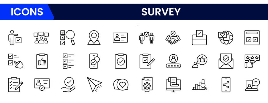 Survey icon set. Containing feedback, opinions, questionnaires, polls, research, and so on. The flat vector icon set is related to the survey—vector illustration.
