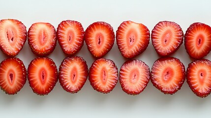 A flat lay showcasing fifteen perfectly halved strawberries arranged in two neat rows against a bright white background.  The vibrant red color and juicy texture are clearly visible.