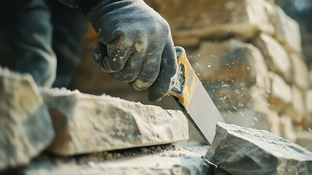Mason cutting stones for a stone wall construction. Featuring stonework and masonry