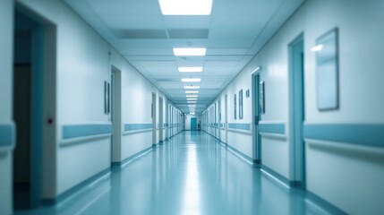 A blurred clinic corridor with long fluorescent lights overhead, evoking a clean, sleek, and sterile medical environment.

