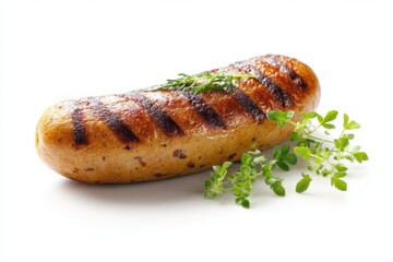 Grilled sausage adorned with fresh herbs delicious barbecue ready for consumption clean white background