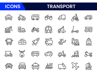 Transport icon set. Containing car, bike, plane, train, bicycle, motorbike, bus, and scooter icons. line icon collection.