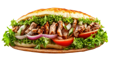 Delicious Doner Kebab Sandwich: A close-up of a mouthwatering doner kebab sandwich with grilled meat, fresh vegetables, and flavorful sauce, perfectly nestled in a soft pita bread.