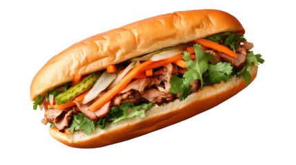 Delectable Banh Mi: An overhead view of a delicious, freshly prepared Banh Mi sandwich, boasting vibrant colors and enticing textures. A culinary masterpiece to stimulate the senses.