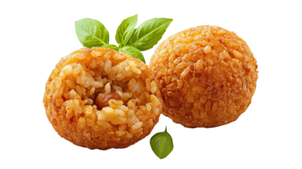 Arancini Rice Balls: Two golden-brown Arancini rice balls, one halved to reveal a delicious filling, sit invitingly, garnished with fresh basil leaves.