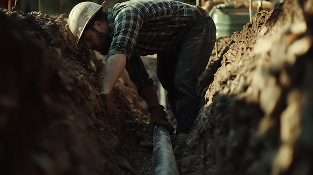 A construction worker fixing a water pipe in an underground trench. Featuring expertise and problem-solving