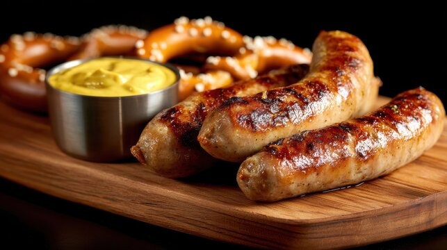 Appetizing bratwurst on rustic wooden cutting board with soft pretzels and mustard against dark backdrop