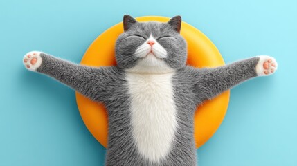 Zen Cat: Gray and White Feline Meditating with Orange Ring on Blue Background