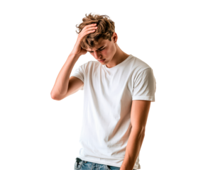 Stressed young man gripping his head