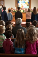 Fototapeta premium A group of children gathers at the front for a short Easter message. The pastor speaks softly as parents watch. The mood is light and caring