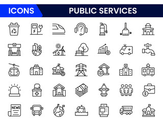 Public Services, service. Set of line icons in linear style. Electricity, water supply, gas supply, drainage, garbage removal, major repairs, heating, cold, hot water. Outline conceptual pictogram