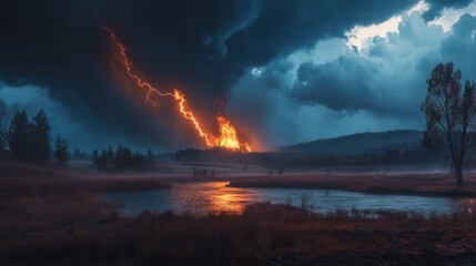 Obraz premium Fiery lightning strikes a tranquil landscape, reflecting in a calm river