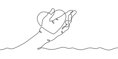 Continuous one line drawing heart on the hand. Heart on the palm.