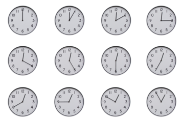 A set of 12 wall clocks, each showing a different time at 5-minute intervals from 00:00 to 00:55 or 12:00 to 12:55. Clean white background, ideal for time-related concepts or educational use.