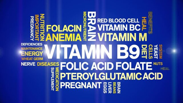 Vitamin B9 animated word cloud;Folic Acid text design animation tag kinetic typography seamless loop.