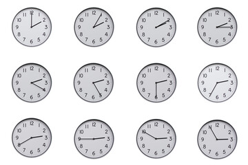 A set of 12 wall clocks, each showing a different time at 5-minute intervals from 02:00 to 02:55 or 14:00 to 14:55. Clean white background, ideal for time-related concepts or educational use.