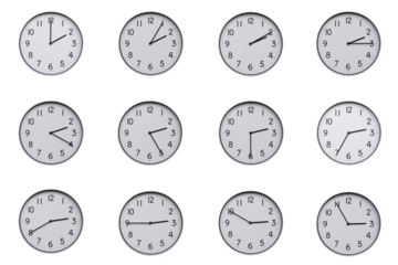A set of 12 wall clocks, each showing a different time at 5-minute intervals from 02:00 to 02:55 or 14:00 to 14:55. Clean white background, ideal for time-related concepts or educational use.