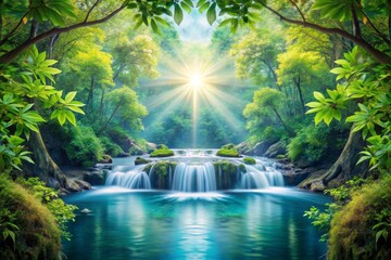 Fototapeta premium Serene Waterfall in Lush Green Forest