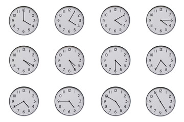 A set of 12 wall clocks, each showing a different time at 5-minute intervals from 04:00 to 04:55 or...