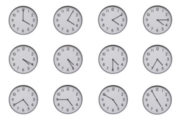 A set of 12 wall clocks, each showing a different time at 5-minute intervals from 04:00 to 04:55 or 16:00 to 16:55. Clean white background, ideal for time-related concepts or educational use.